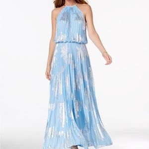 MSK | Dresses | Msk Metallicprint Pleated Blouson Gown Light Blue | Poshmark
